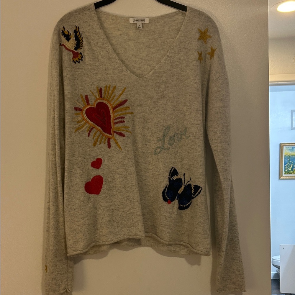 Johnny Was Gray Cashmere Sweater with  Colorful Embroidery